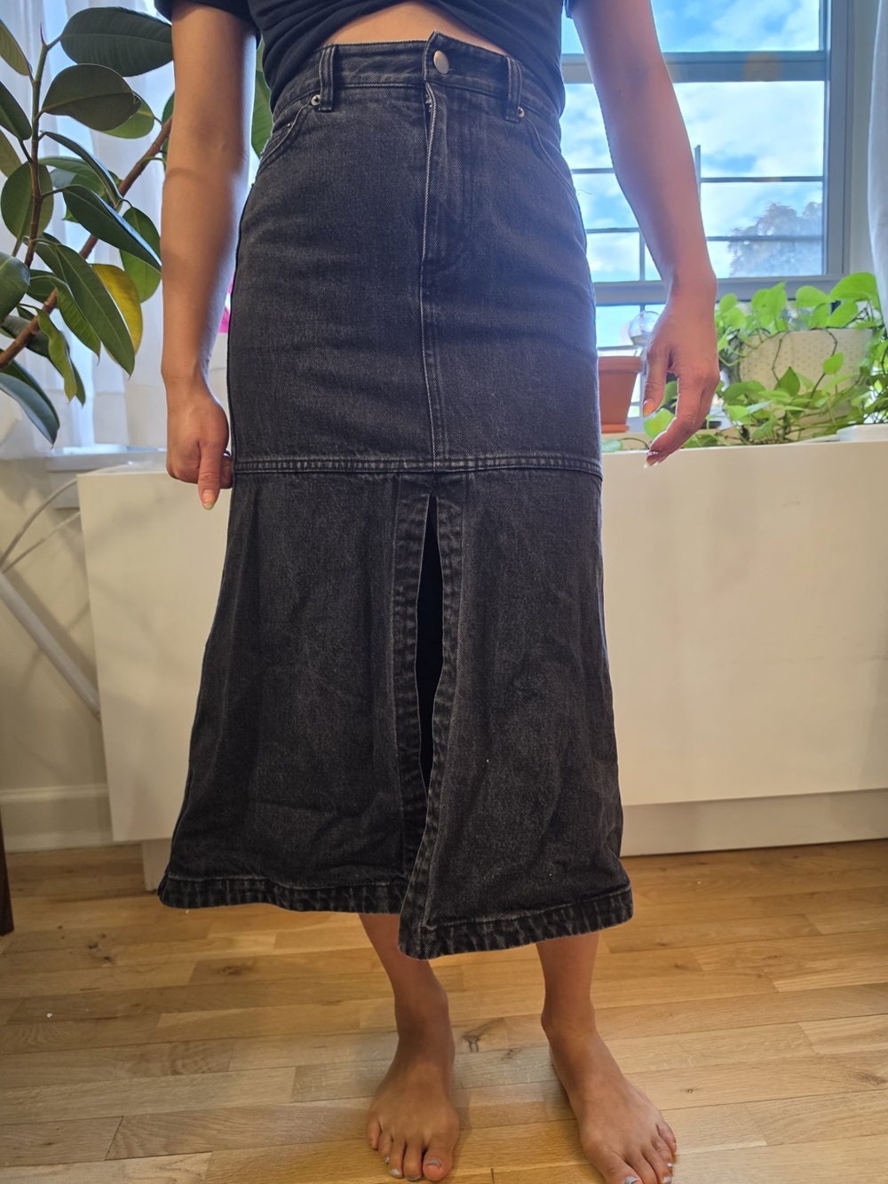 Tibi Black Denim Midi Skirt with Front Center Slit